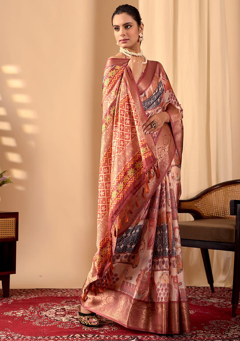 Peach Motif Silk Saree Set - Indya