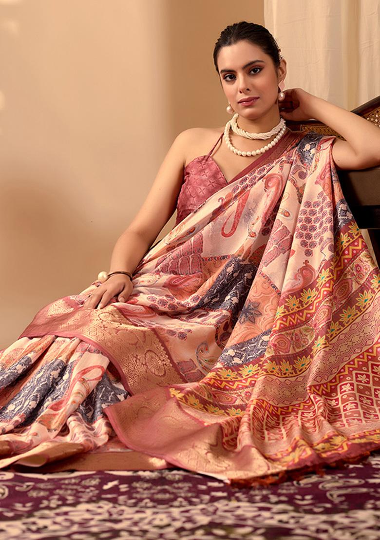 Peach Motif Silk Saree Set - Indya