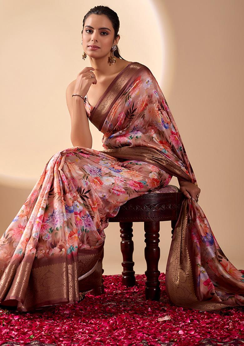 Peach Motif Silk Saree Set - Indya