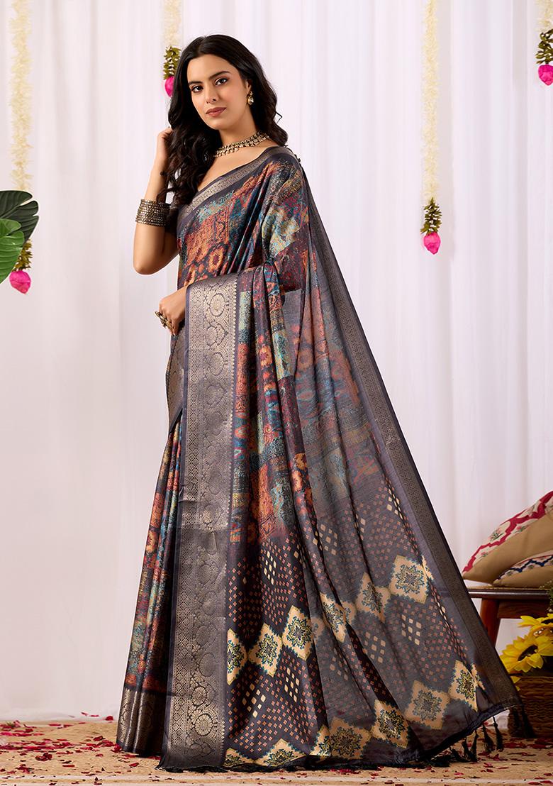 Navy Blue Motif Silk Saree Set - Indya