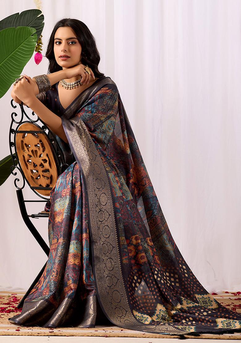 Navy Blue Motif Silk Saree Set - Indya