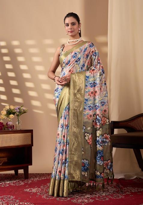 Olive Motif Silk Saree Set