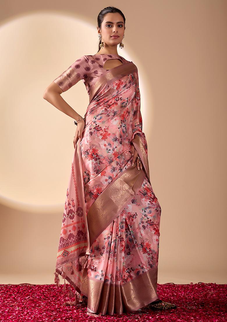 Pink Motif Silk Saree Set - Indya