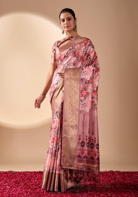 Pink Motif Silk Saree Set