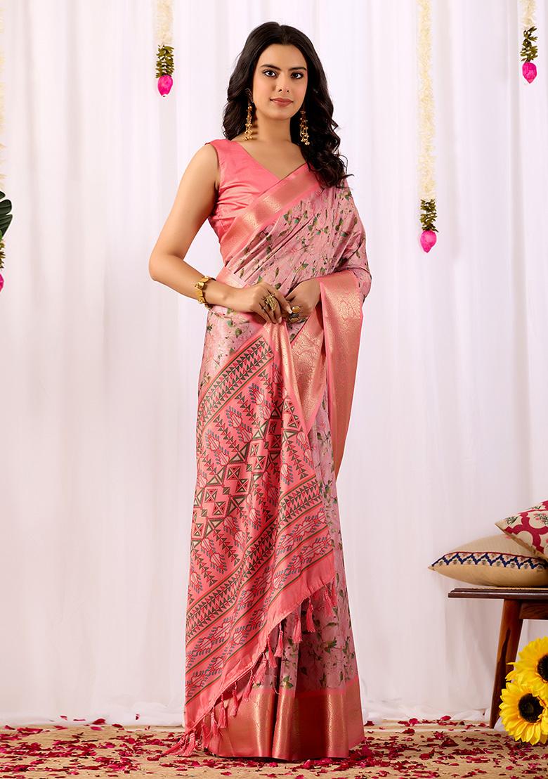 Light Pink Motif Silk Saree Set - Indya