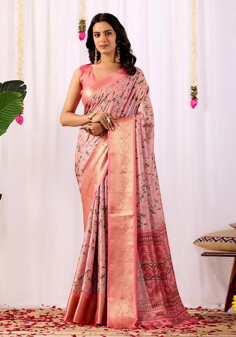 Light Pink Motif Silk Saree Set