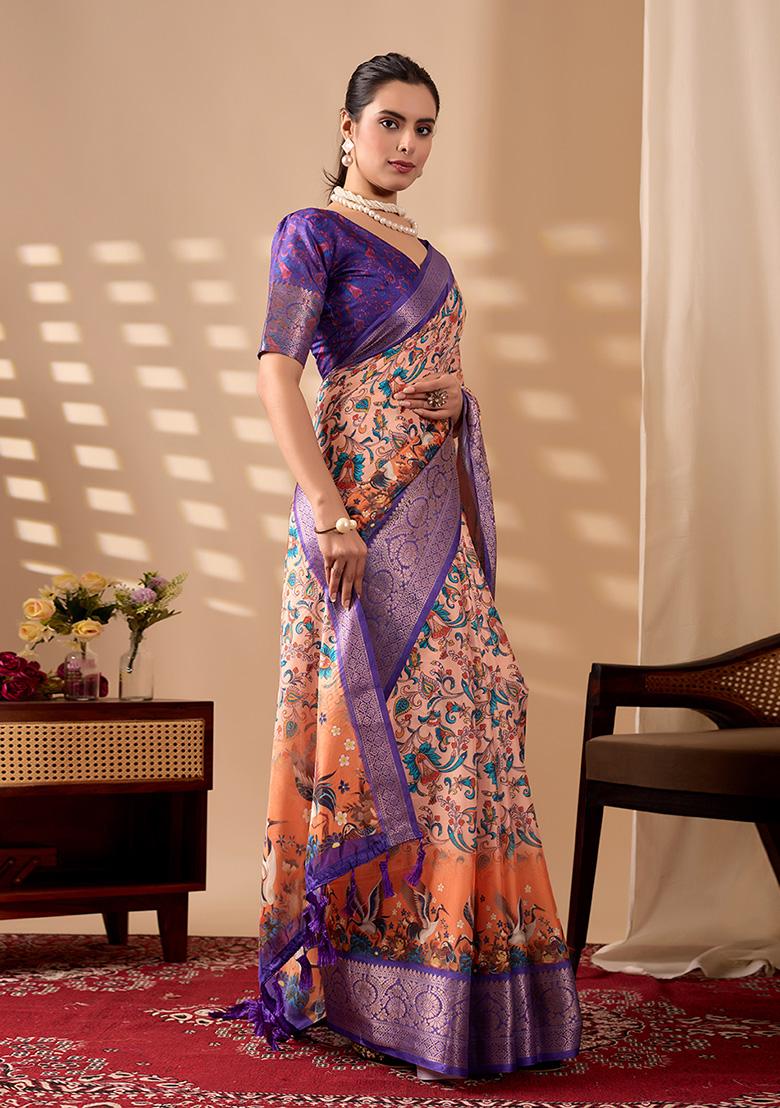 Orange Motif Silk Saree Set - Indya