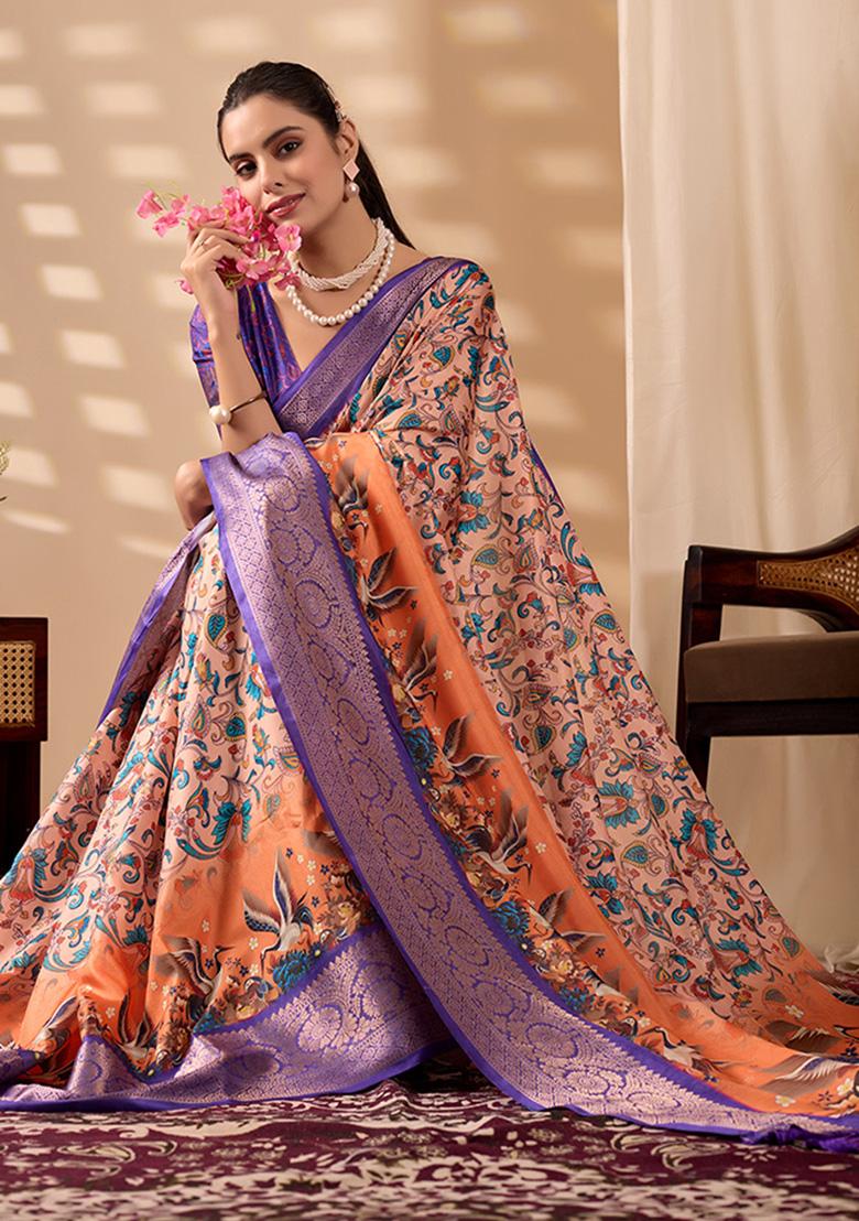 Orange Motif Silk Saree Set - Indya