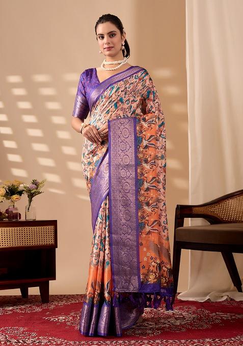 Orange Motif Silk Saree Set