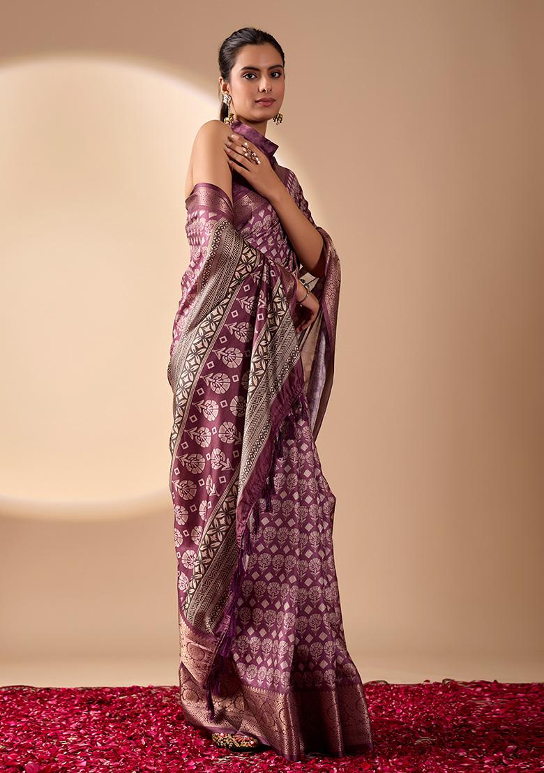 Purple Motif Silk Saree Set - Indya