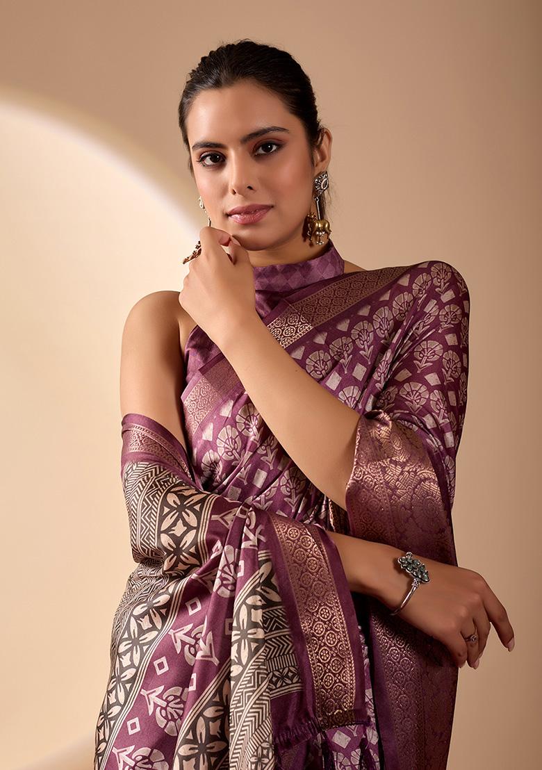 Purple Motif Silk Saree Set - Indya