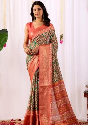 Green Motif Silk Saree Set