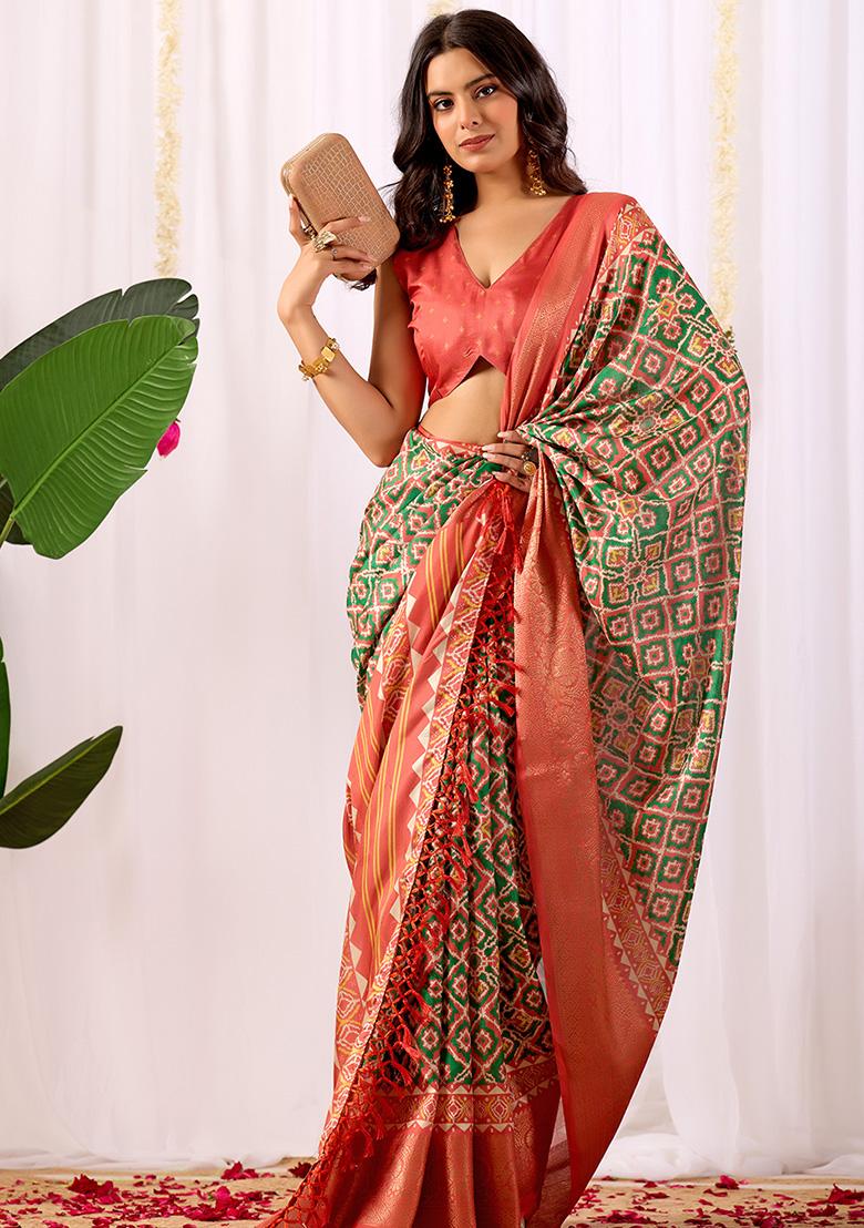 Green Motif Silk Saree Set - Indya