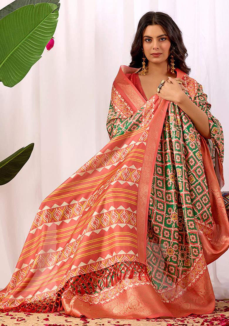 Green Motif Silk Saree Set - Indya
