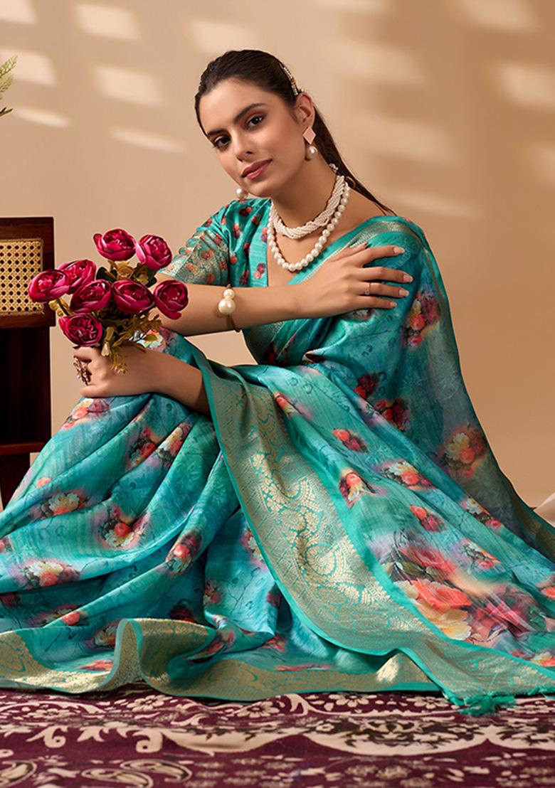 Aqua Blue Motif Silk Saree Set - Indya
