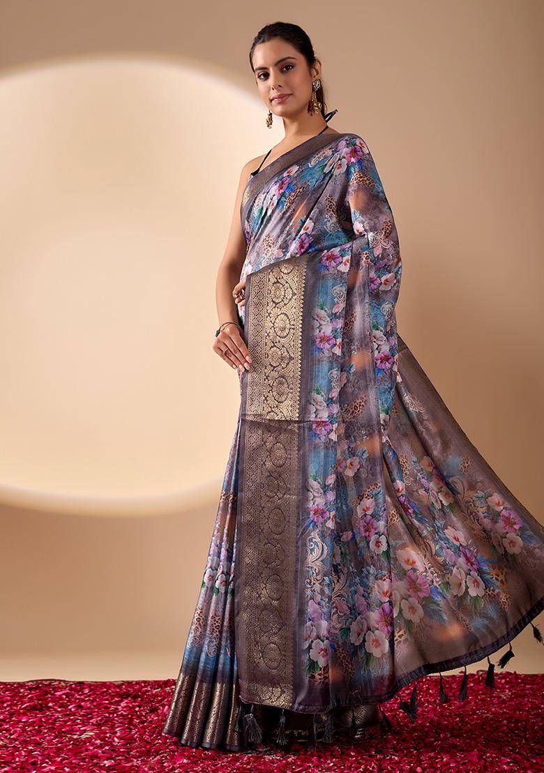 Grey Motif Silk Saree Set - Indya