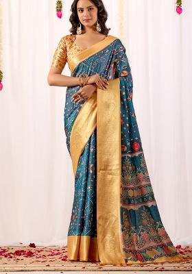 Teal Motif Silk Saree Set