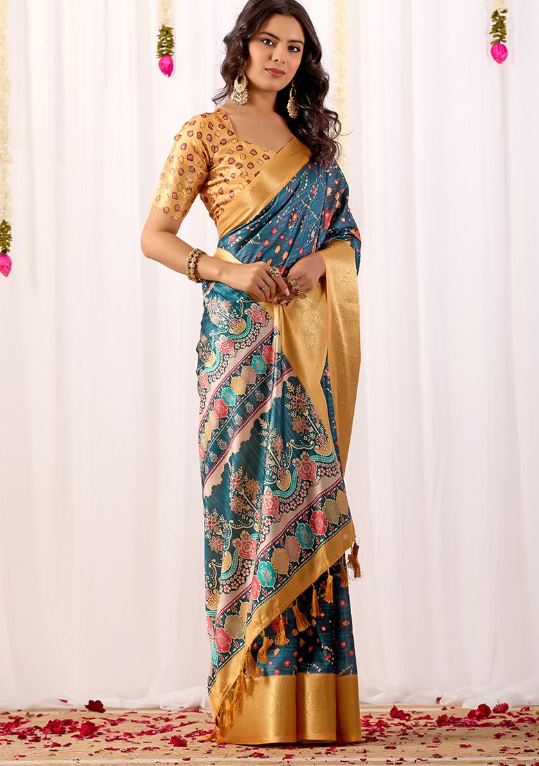 Teal Motif Silk Saree Set - Indya
