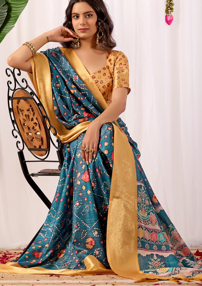 Teal Motif Silk Saree Set - Indya