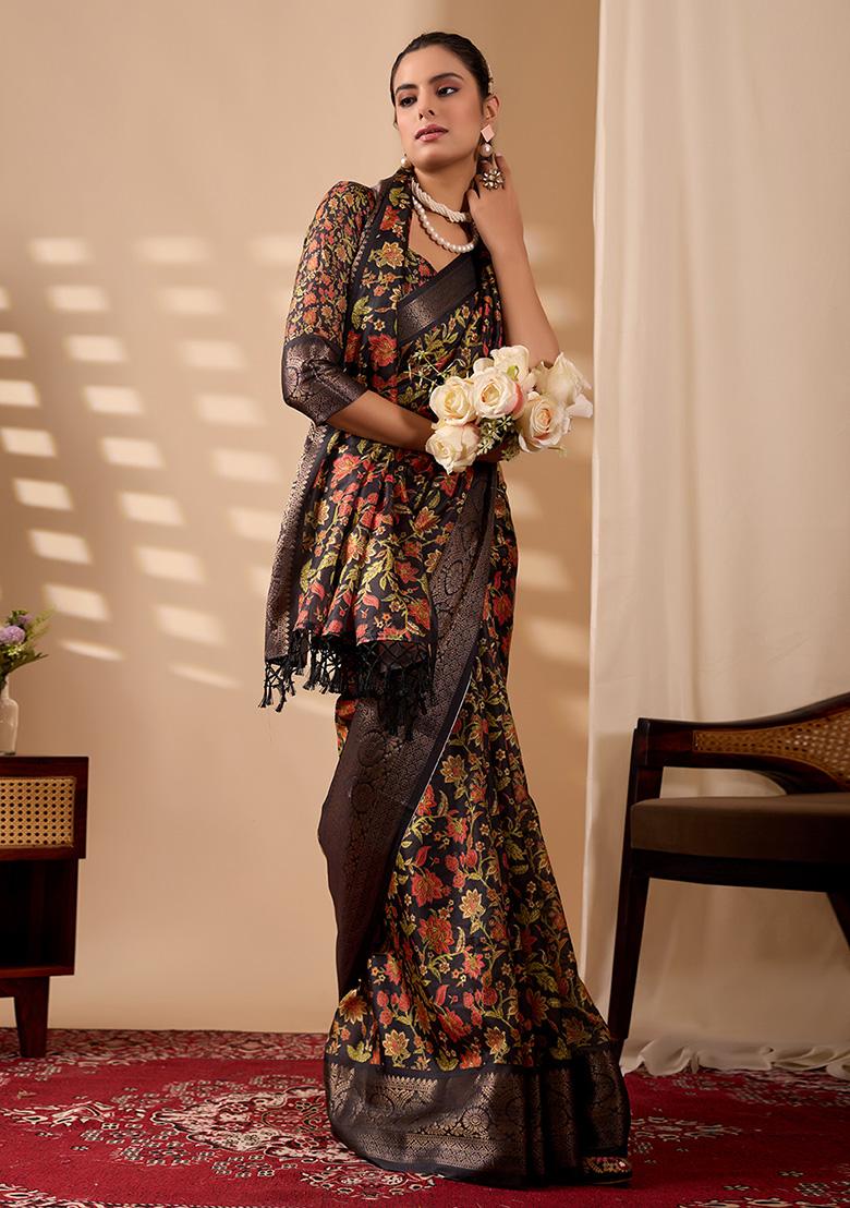 Black Motif Silk Saree Set - Indya