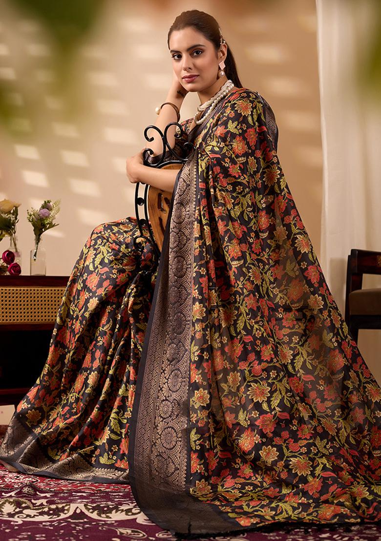Black Motif Silk Saree Set - Indya
