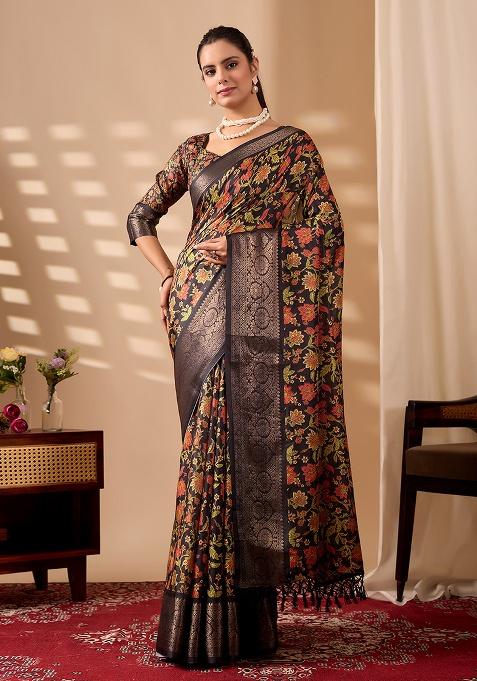 Black Motif Silk Saree Set