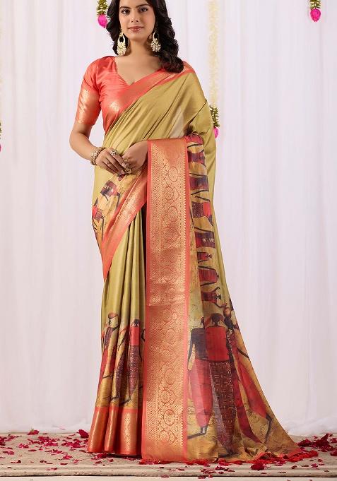 Olive Motif Silk Saree Set