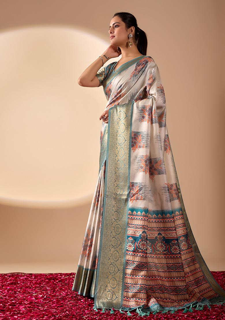 Beige Motif Silk Saree Set - Indya