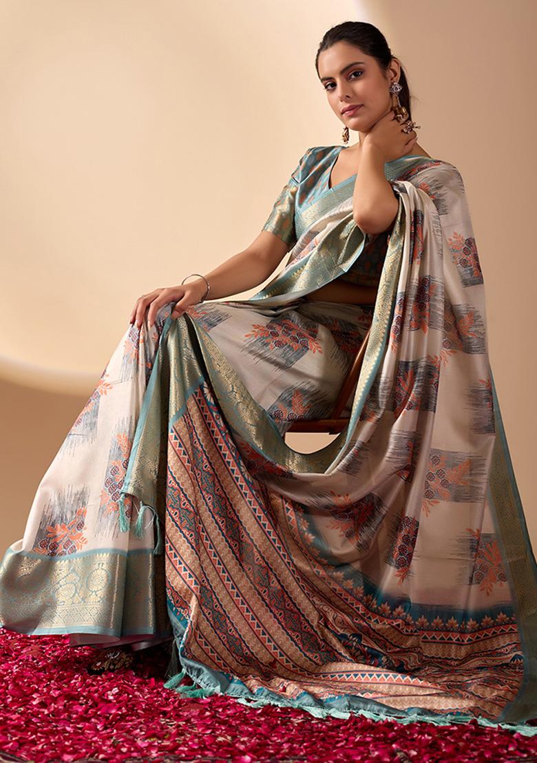 Beige Motif Silk Saree Set - Indya