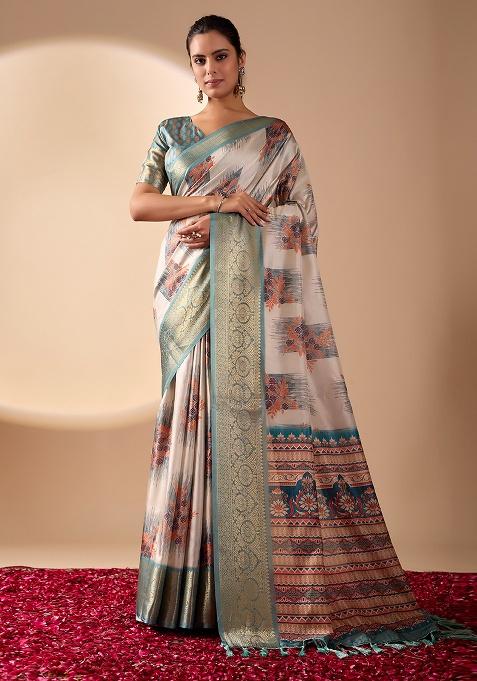 Beige Motif Silk Saree Set