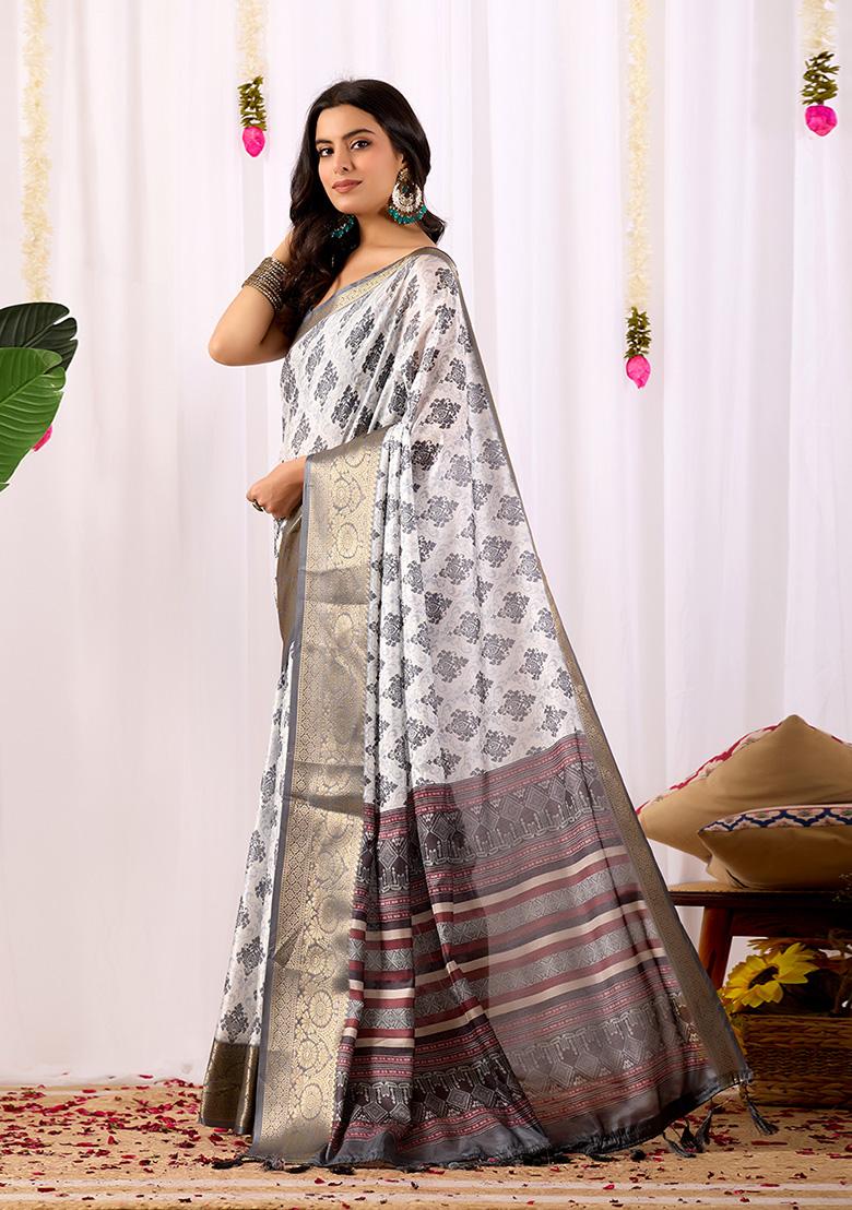 White Motif Silk Saree Set - Indya