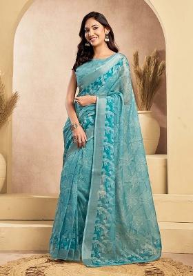 Aqua Blue Motif Cotton Blend Saree Set