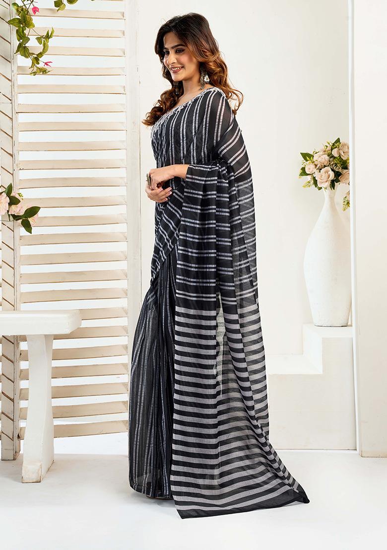 Black Motif Cotton Blend Saree Set - Indya