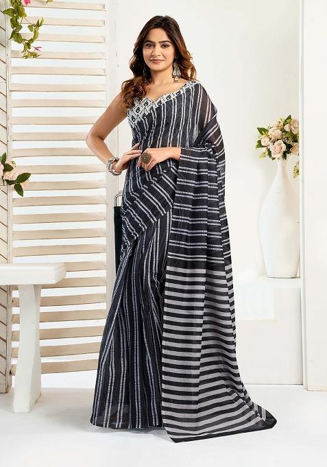 Black Motif Cotton Blend Saree Set