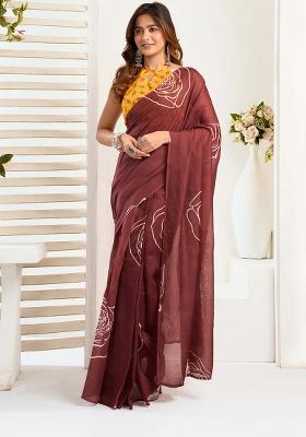 Brown Motif Cotton Blend Saree Set
