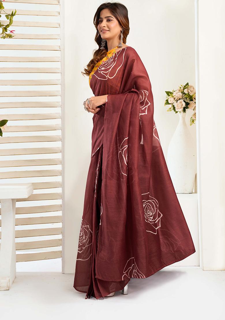 Brown Motif Cotton Blend Saree Set - Indya