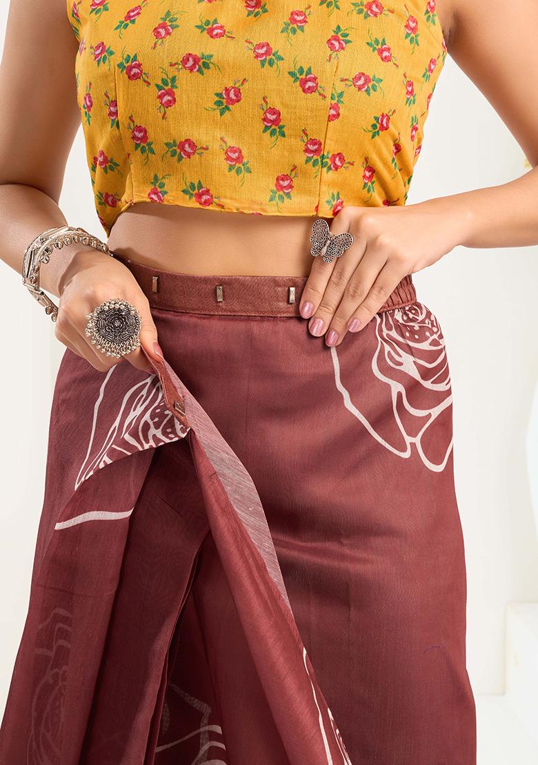 Brown Motif Cotton Blend Saree Set - Indya