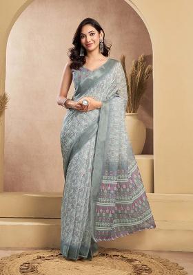 Grey Motif Cotton Blend Saree Set
