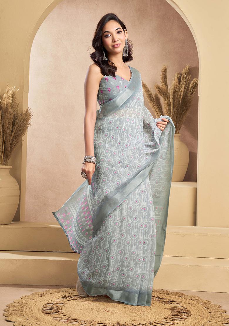 Grey Motif Cotton Blend Saree Set - Indya