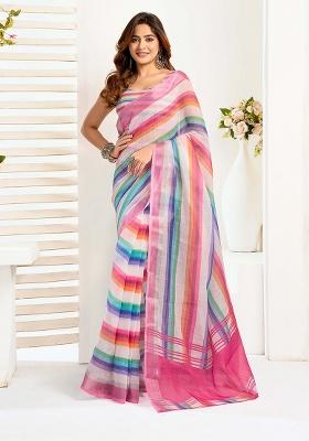 Multicolor Motif Cotton Blend Saree Set