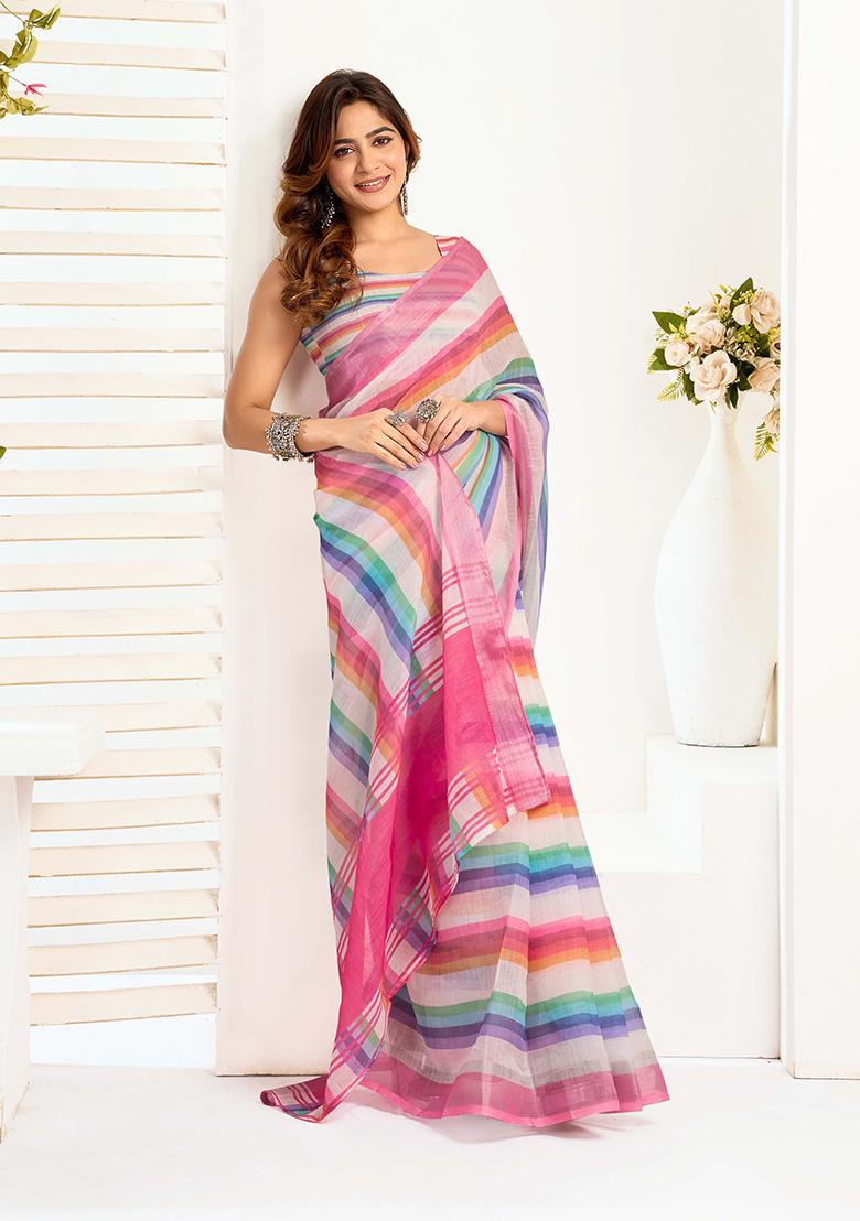 Multicolor Motif Cotton Blend Saree Set - Indya
