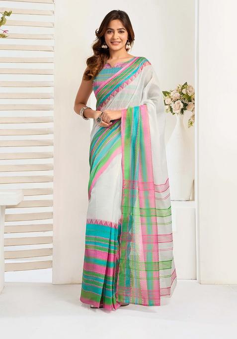 White Motif Cotton Blend Saree Set