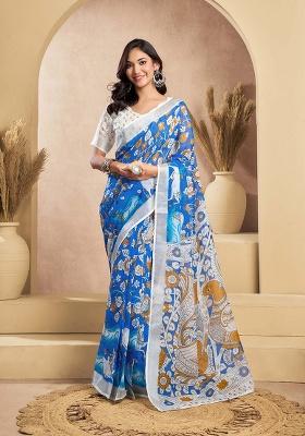 Blue Motif Cotton Blend Saree Set