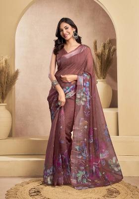 Brown Motif Cotton Blend Saree Set