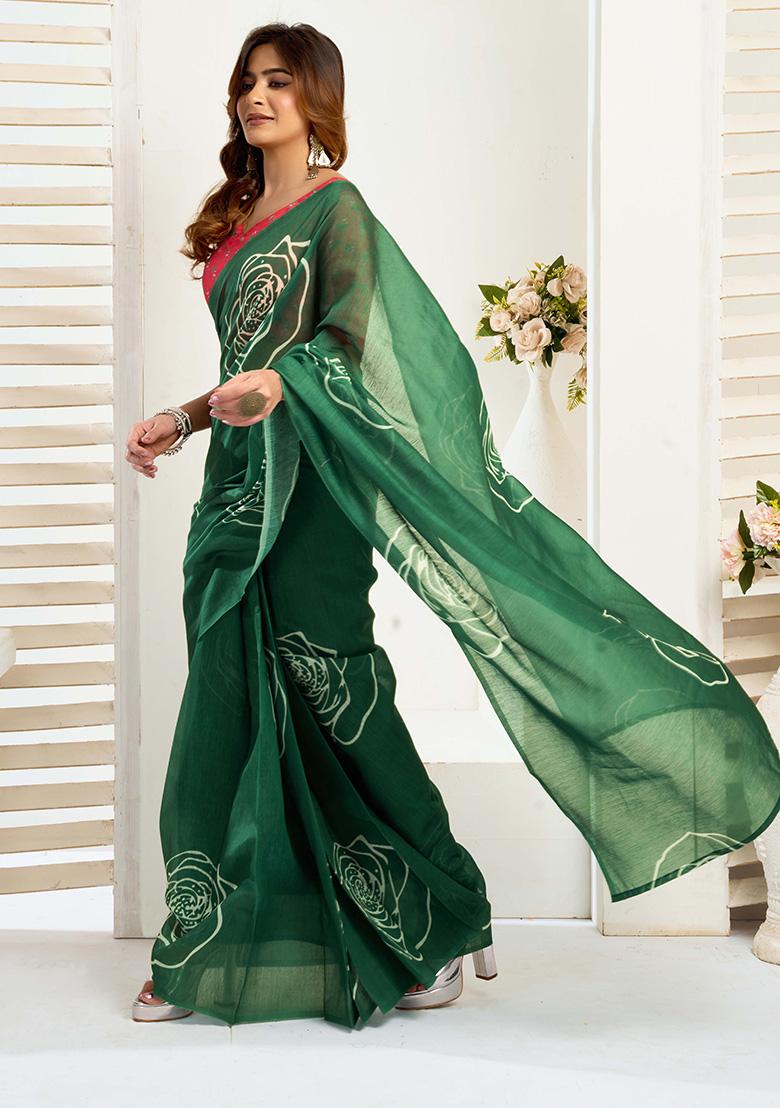Dark Green Motif Cotton Blend Saree Set - Indya