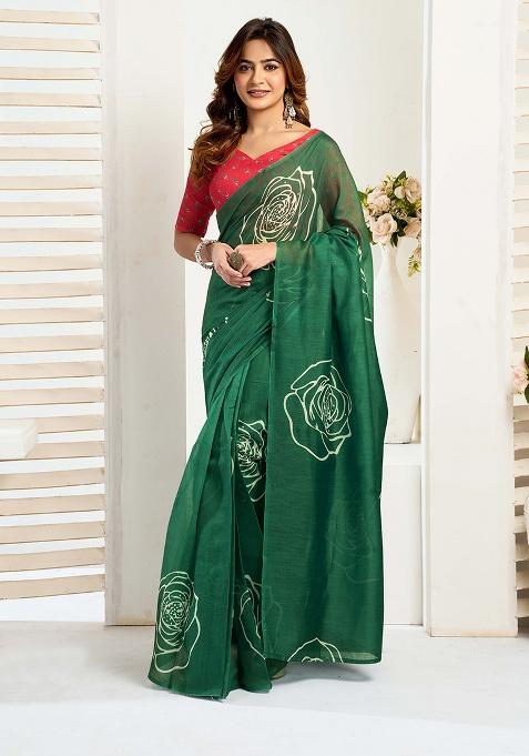 Dark Green Motif Cotton Blend Saree Set