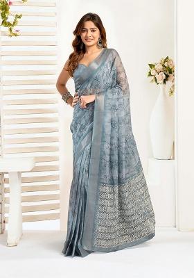 Light Blue Motif Cotton Blend Saree Set