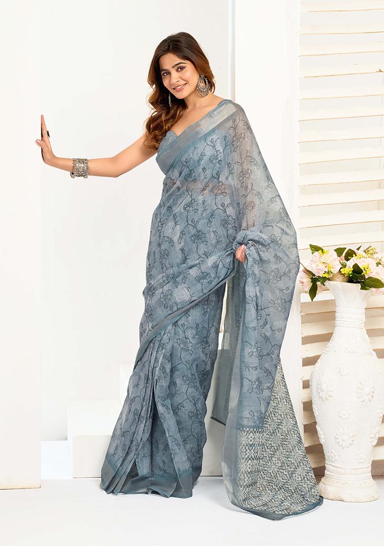 Light Blue Motif Cotton Blend Saree Set - Indya