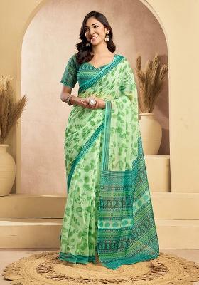 Light Green Motif Cotton Blend Saree Set