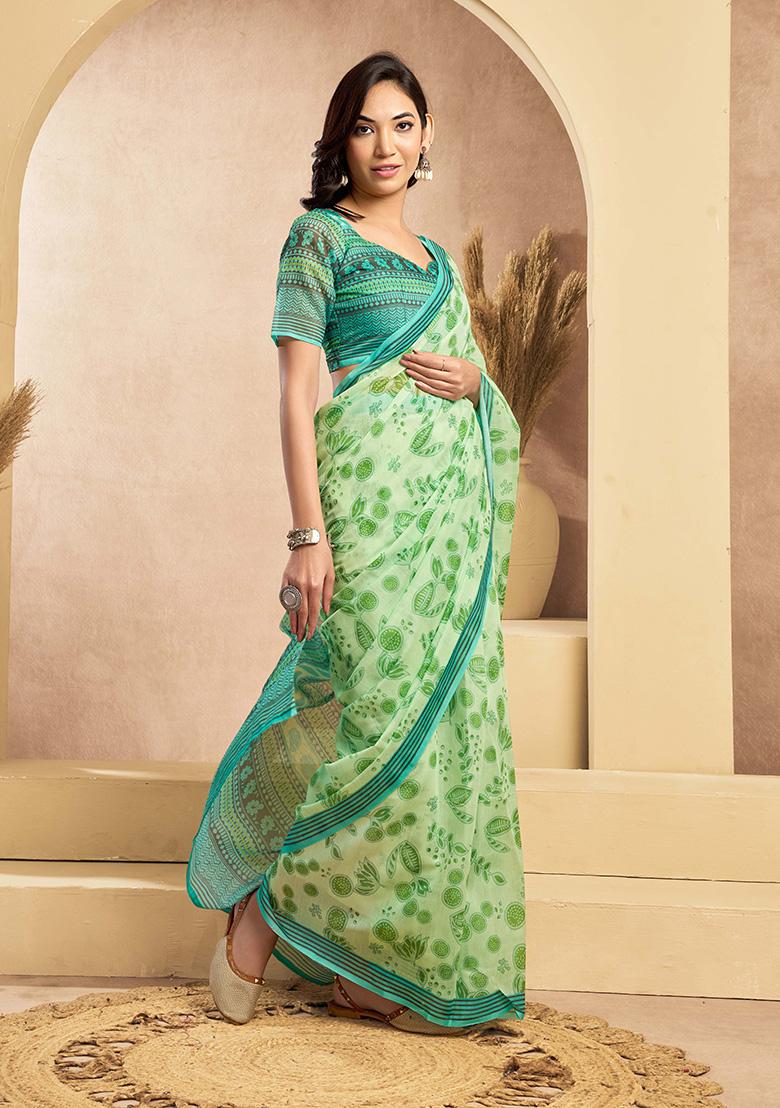 Light Green Motif Cotton Blend Saree Set - Indya